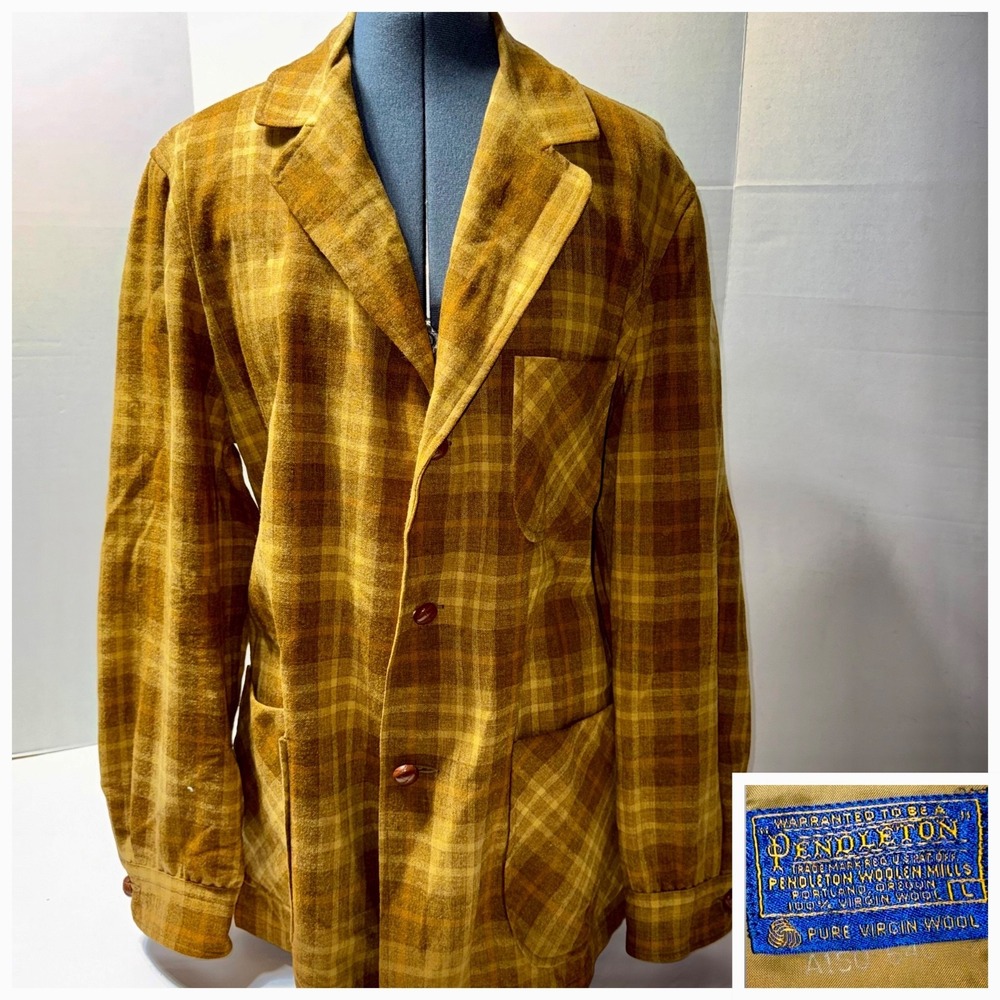 Vintage 70s Pendleton Plaid Virgin Wool Gold & Brown Jacket Blazer Men's Large